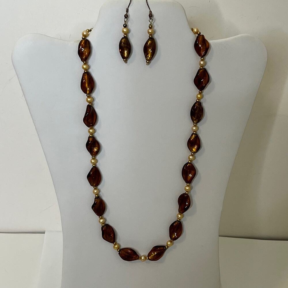 Amber Look Foil Glass Bead Necklace Earring Set Brown Gold Toggle Clasp